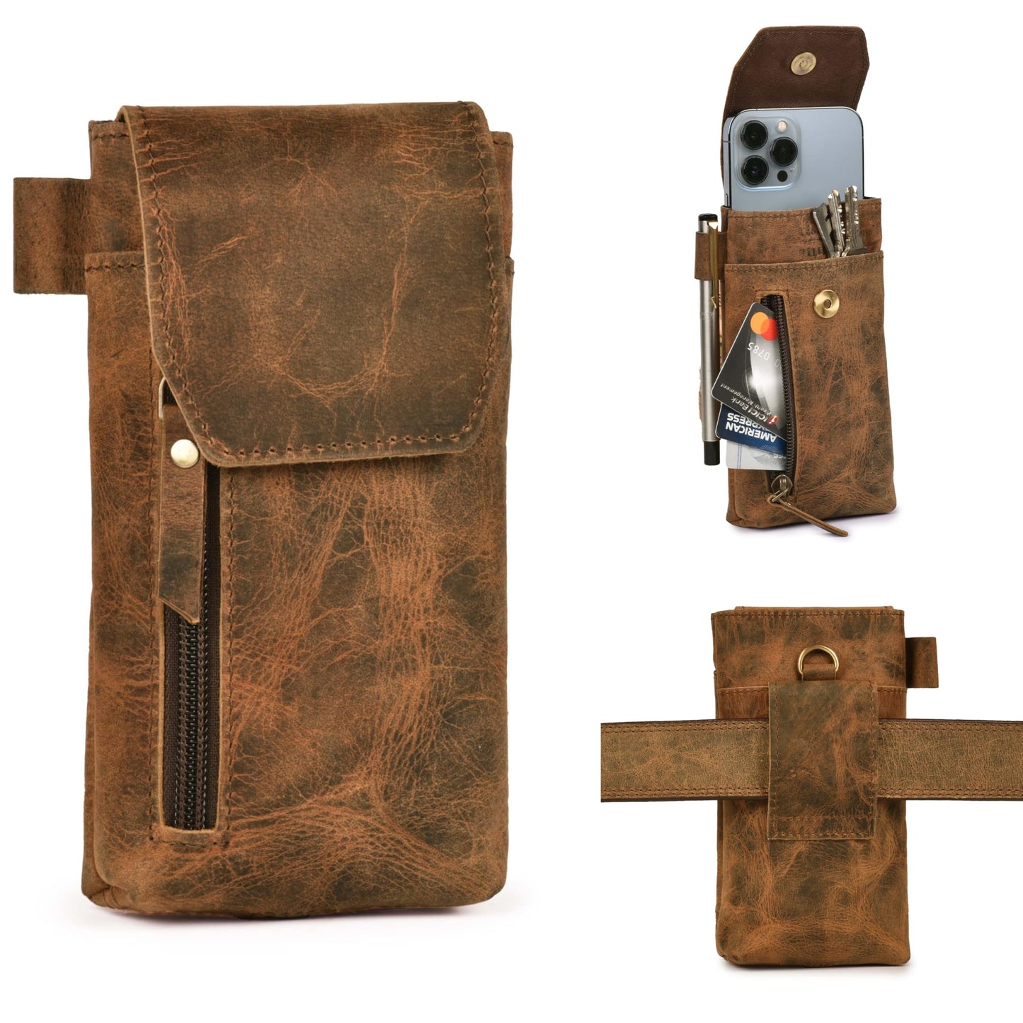 Leather Village Genuine Leather 7”x3.5” Phone Holster Pouch with Belt Clip, Magnetic Closure, ID Card Holder - Brown Universal Case for iPhone, Samsung Galaxy, Google Pixel