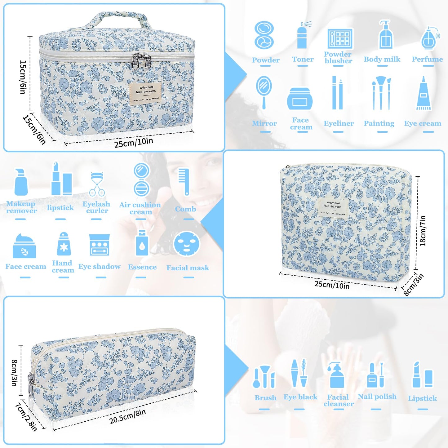 Gosect Makeup Bag, Large Quilted Cosmetic Bag, Big Floral Make Up Bag for Women Girls, Cute Cotton Makeup Bag Set, Flower Travel Toiletry Organizer Bag (Blue Flower)