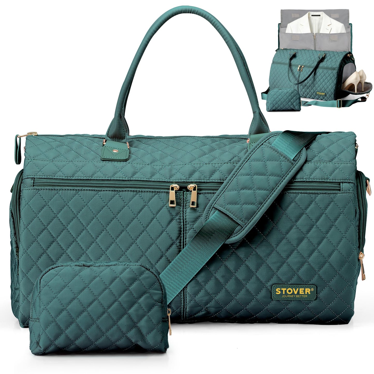 STOVER Women’s Convertible Garment Duffel Bag for Travel – 2-in-1 Carry-On Weekender/Overnight Tote - Wrinkle-Free Dresses, Suits & Clothes + Shoe Compartment & Bonus Toiletry Bag (Emerald Green)