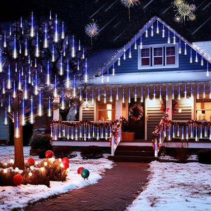 KNONEW 40 Tubes 1120 LED Meteor Shower Lights Christmas Lights Outdoor Plug in Waterproof Falling Rain Light for Xmas Tree Wedding Party Garden Holiday Rooftop Decorations (Blue and Cool White)