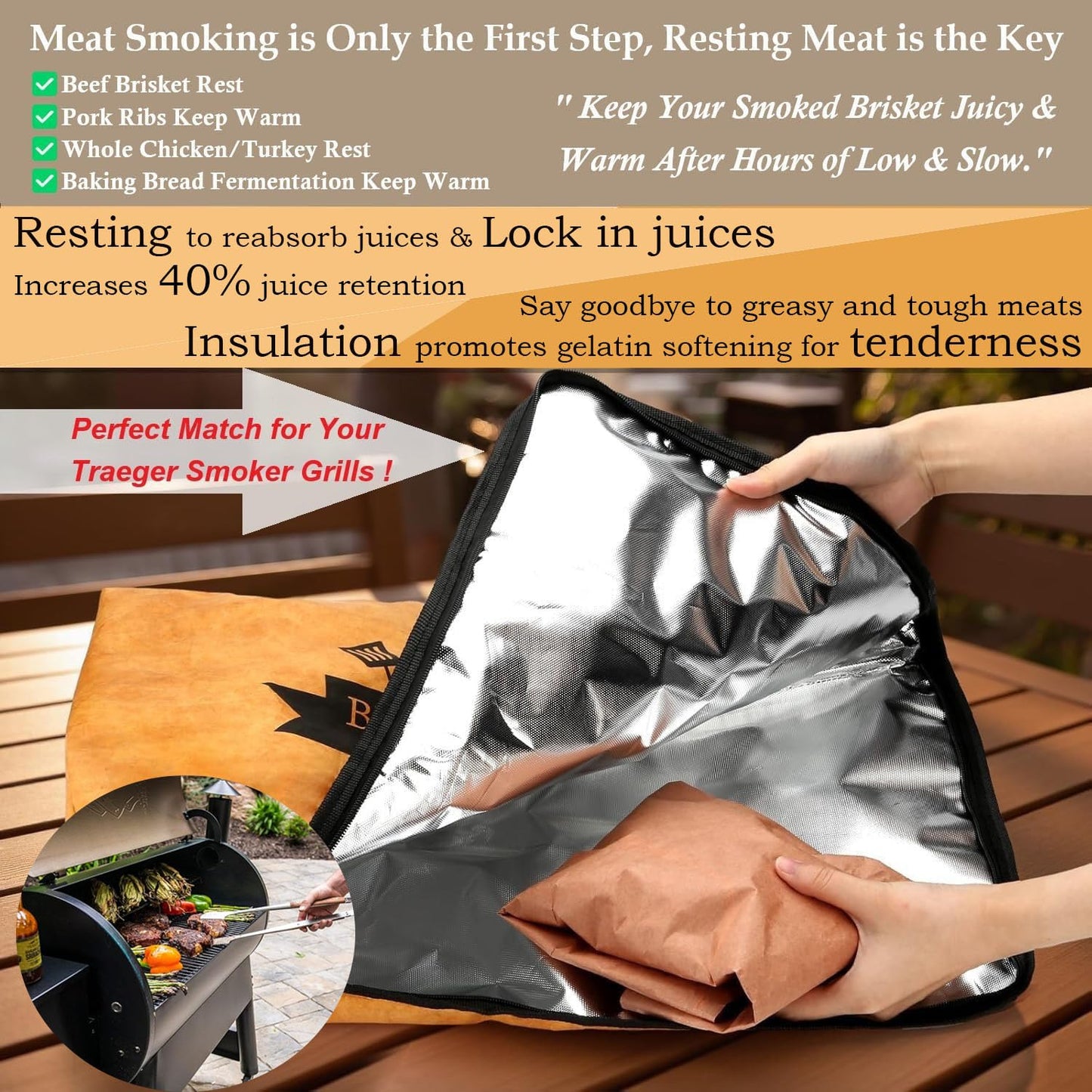 21inch BBQ Blanket for Resting Meat Compatible with Traeger Pitboss Pellet Smoker -BBQ Accessories Meat Insulated Bag for Brisket/Pork Shoulder/Steak -Birthday Anniversary Valentines Day Gift for Men