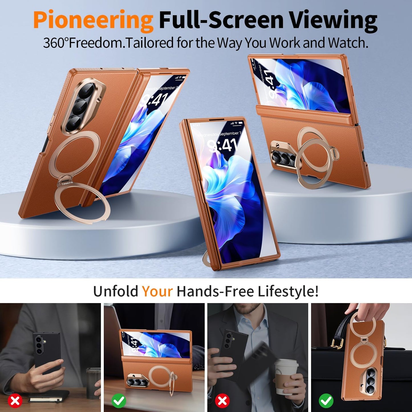 RUIMMU for Samsung Galaxy Z Fold 7 Case - Luxury Leather Texture Zfold 7 Case with Screen Protector, Kickstand and 360° Ring Holder Brown