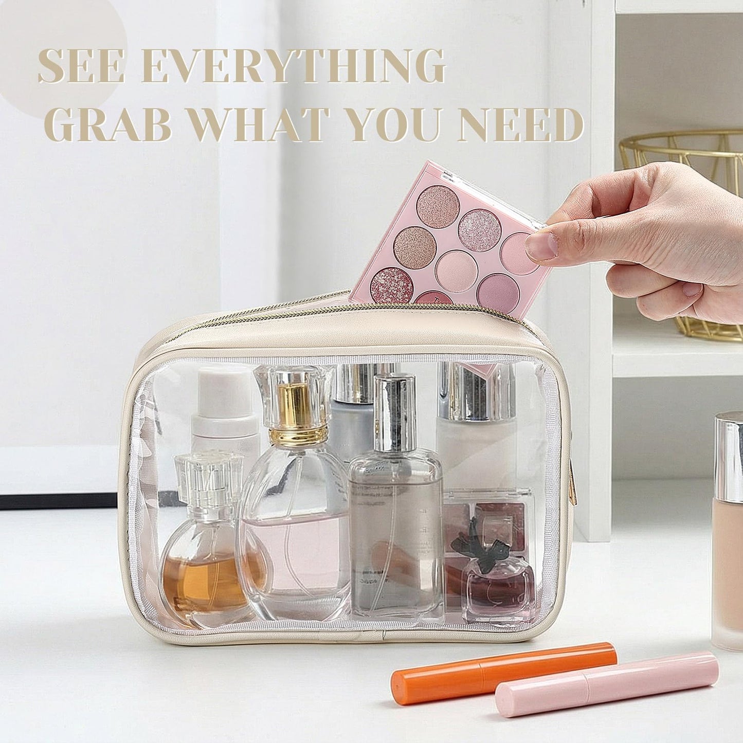 Abbylike 10 Pcs Clear Makeup Bags Bulk PU Leather Portable Travel Cosmetic Case Small Toiletry Bag with Zipper Car Console Organizer Waterproof Pouch for Women Birthday Gifts (Light Beige)