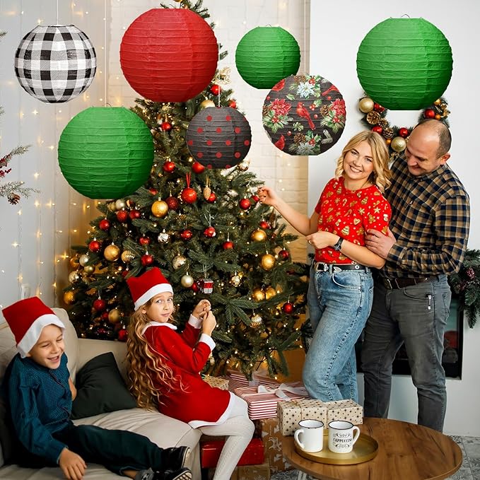 Bencailor 12 Pcs Christmas Hanging Paper Lanterns Set Decorative Party Round Hanging Lamps for Xmas Home Decoration Supplies Props Holiday Decor(12, 10, 8 Inch,Plaid)