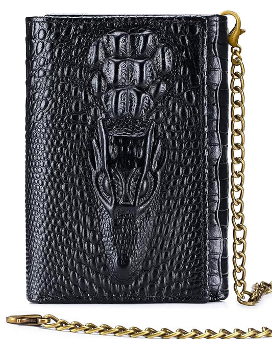 Steel Lion Mens Trifold Wallet Leather RFID Blocking, Crocodile Embossed Slim Wallet with 2 ID Window, 11 Card Slots, Detachable Anti-Theft Chain, Compact Wallet for Business Travel Daily Use (Black)