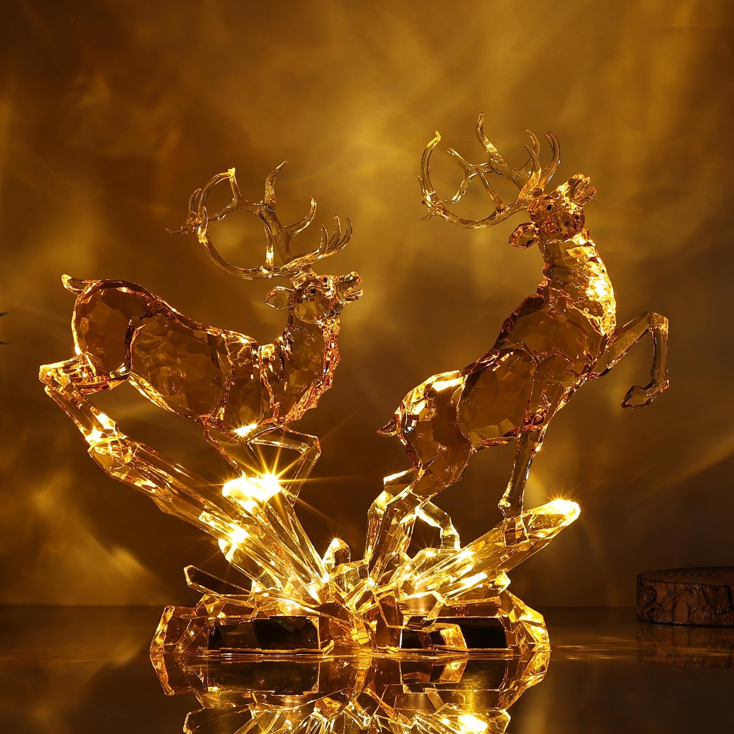 Luxury Acrylic Reindeer Figurine with LED Light for Christmas Decor, Elegant Transparent Crystal-Like Deer Sculpture for Table Shelf Mantel, Reindeer Ornament Holiday Centerpiece (Gold Jumping 11.8")