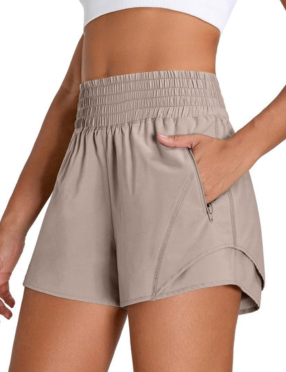 BMJL Women's Athletic Shorts High Waisted 2.5" Running Short with Zipper Pocket Sporty Yoga Gym Workout Shorts(M,Khaki)