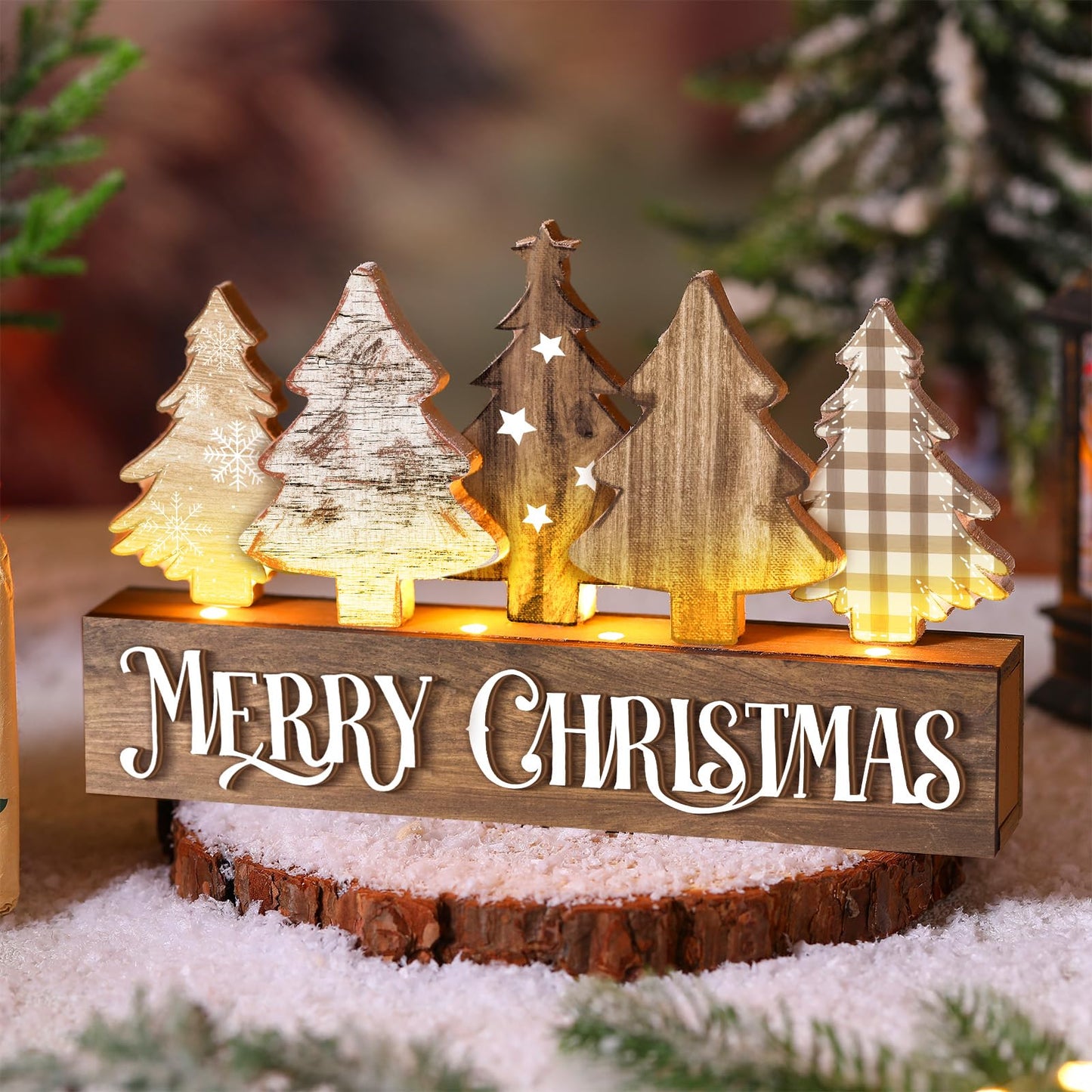 Chunful Lighted Wooden Christmas Tree Decor Rustic Christmas Tabletop Decoration Sign for Home Office Fireplace Farmhouse Xmas Party Table Centerpieces