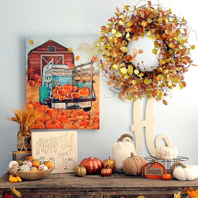 24 Inch Fall Wreath for Front Door Berry Autumn Wreath with Yellow and Orange Leaves, Large Grapevine Wreaths for Fall Door Decor Farmhouse Wall Window Home Decoration