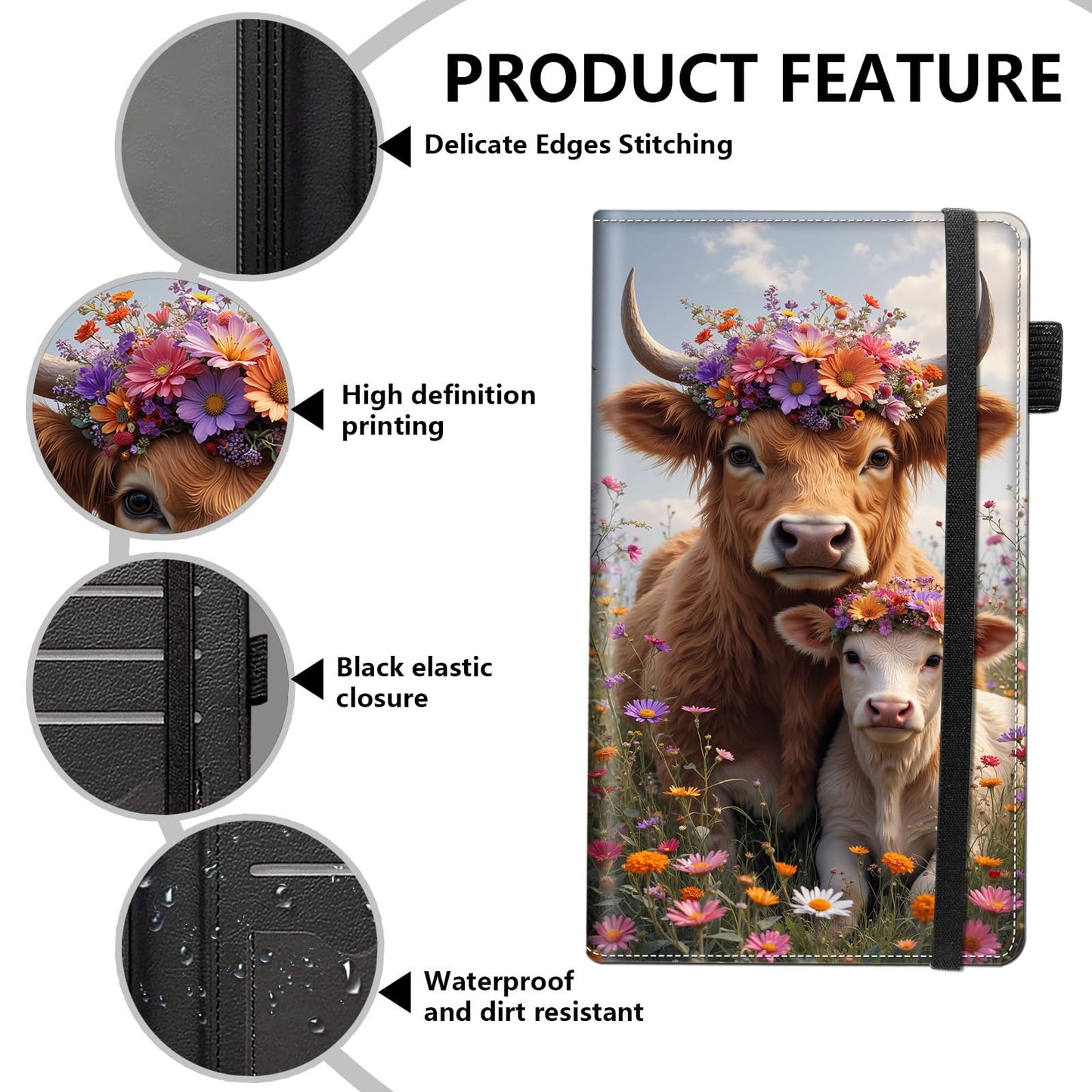 RMJKXQZG Leather Checkbook Wallet, RFID Blocking Pen Holder Large Compartment for Cash Checkbook Compartment Card Slot for Checkbook Holder Checkbook Cover, Wildflowers And Cute Cow Cattle