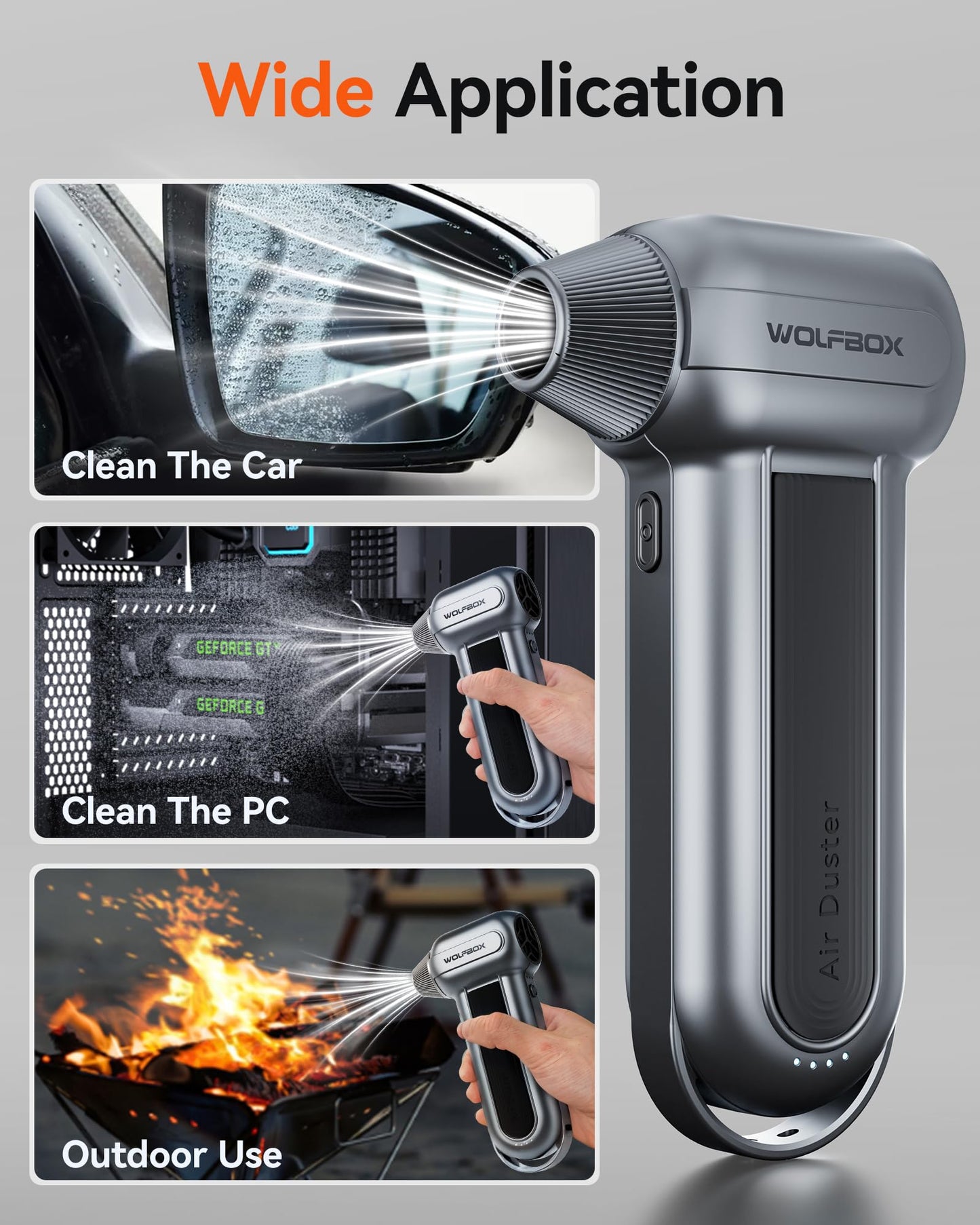 WOLFBOX MF100 Electric Air Duster-150000RPM Super Power Cordless Air Duster, Rechargeable Brushless Motor Durable Blower, 3-Gear Adjustable Dust Blower for Computer, Keyboard, Outdoor, House and Car