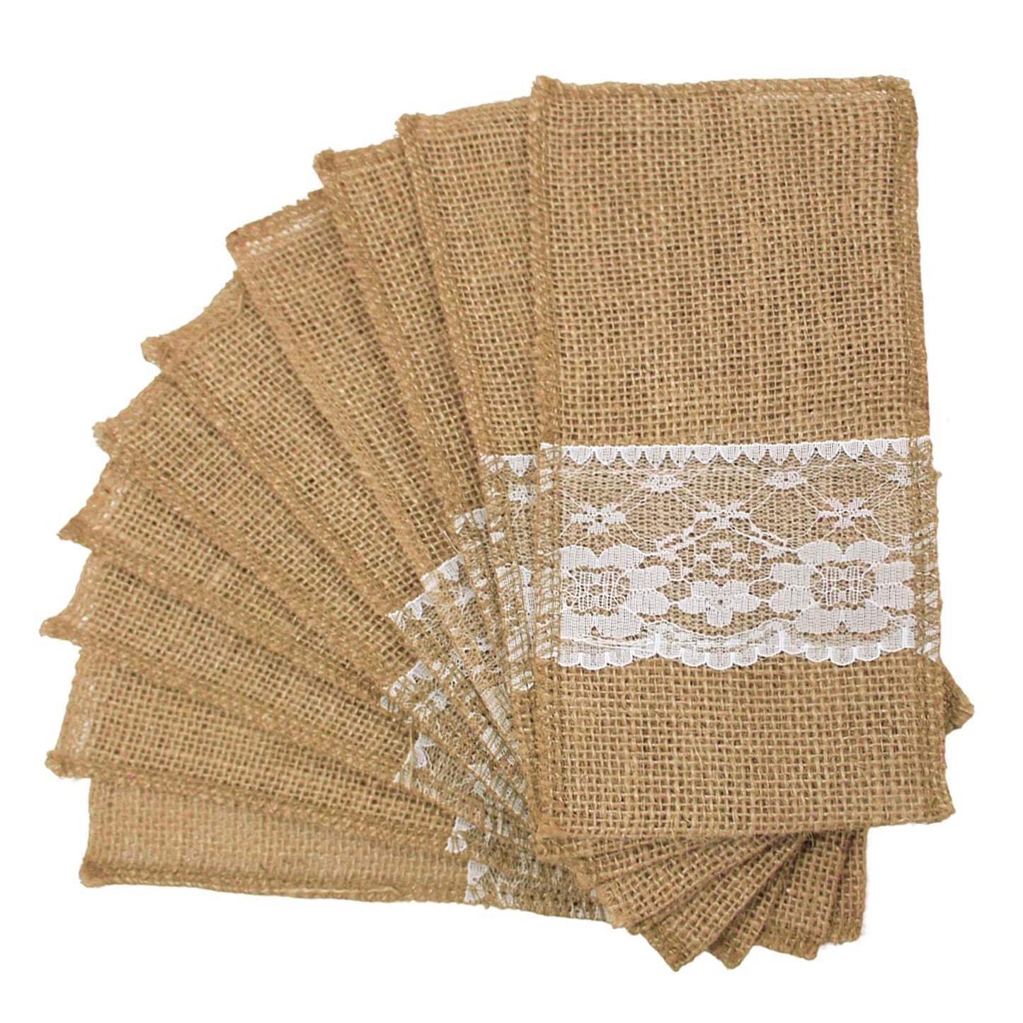 FQTANJU 50 PCS 4"x8" Burlap Lace Utensil Cutlery Holders Pouch Silverware Holder Knifes Forks Bags Burlap Napkin Bag for Rustic Wedding Party Decorations favors