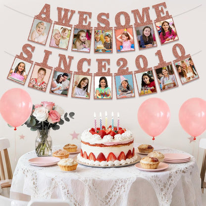 Pre-strung Awesome Since 2010 Photo Banner Birthday Decorations for Girls Women- Pink Rose Gold Glitter Sweet 16th Birthday and Anniversary Decorations Party Supplies