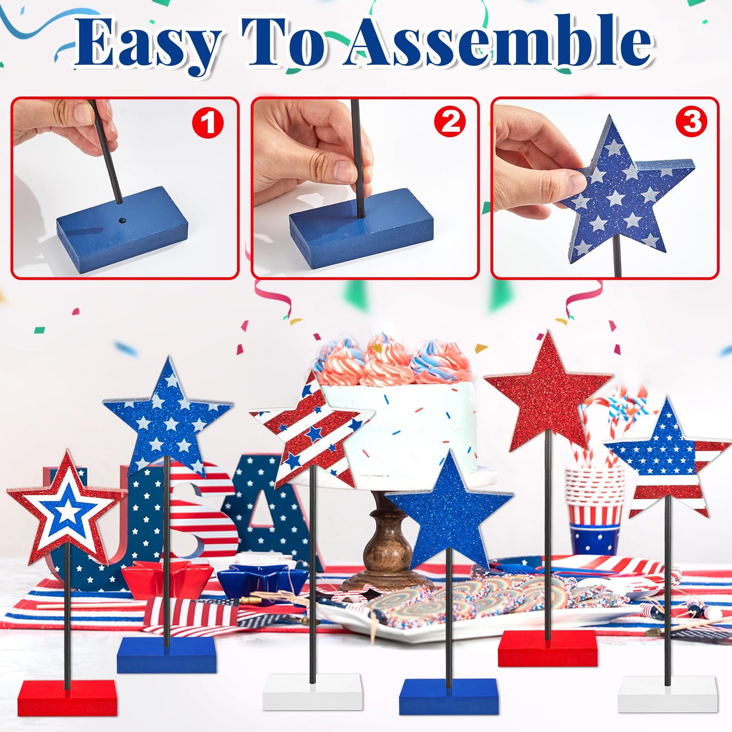 6Pcs Patriotic Memorial Day Tiered Tray Decor 250th Anniversary Wooden Star Set Memorial Red White and Blue Table Centerpiece Sign Decoration for Veterans Labor 4th of July Home Office Patriotic Party