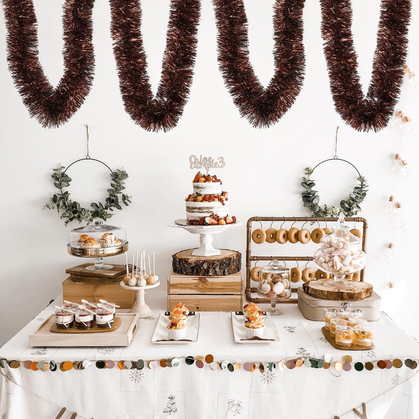 Ohiyoo 50 Feet Brown Tinsel Garland Christmas Foil Tinsel Garland Decoration Metallic Hanging Streamers for Christmas Tree Birthday Party New Year Party Supply (3.54" x 50', Brown)