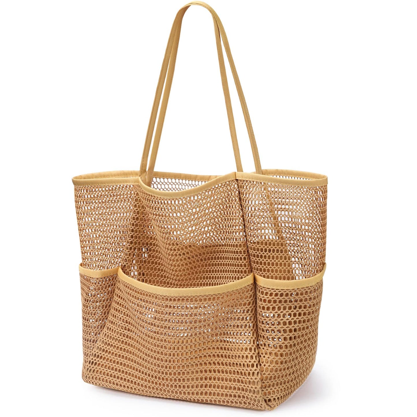 KPX Beach Bag with Mini Pocket, Summer Beach Tote Bags for Women Large Foldable Mesh Swimming Pool Travel Bags - Sandproof(Khaki)