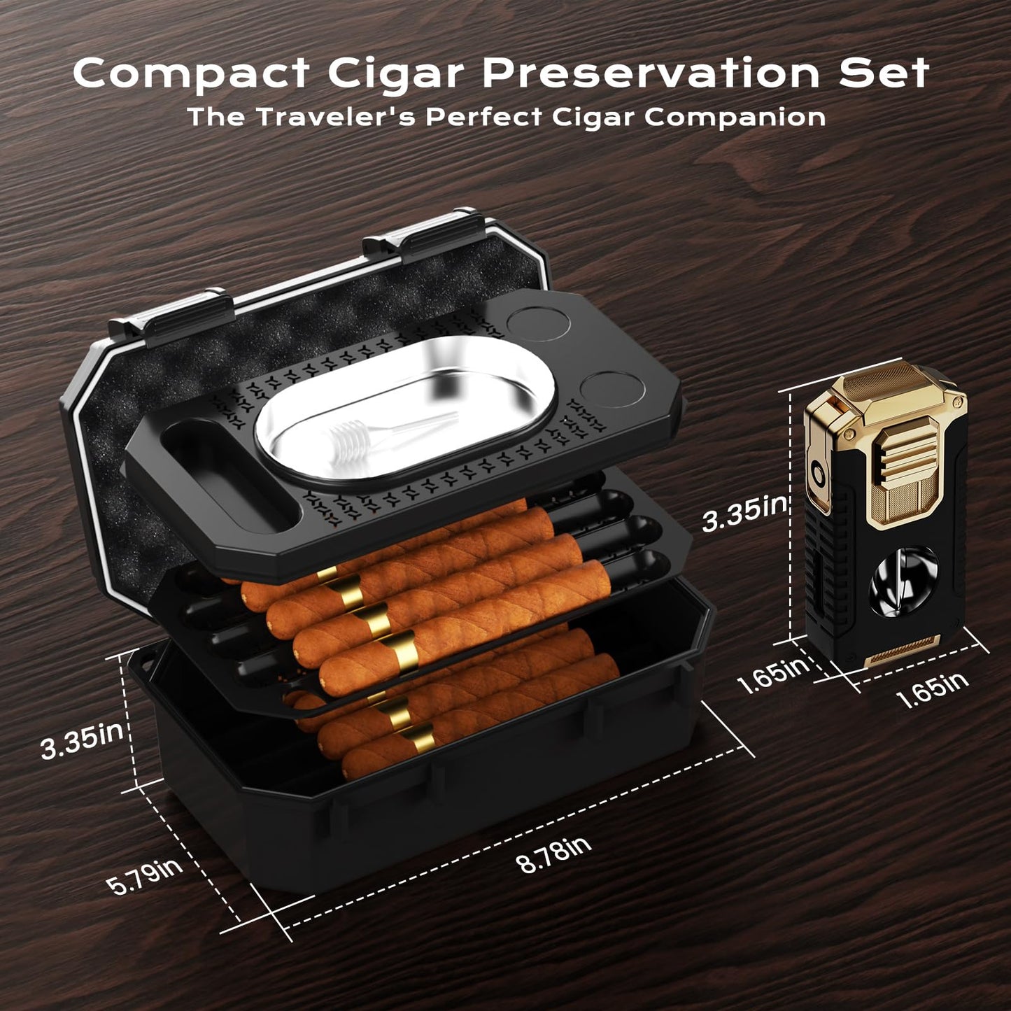 Travel Cigar Humidor Box set with Cigar Ashtray, Cigar Torch Lighter, Built-in V Cutter & Punch & Holder & Draw Enhancer Tool, Humidifier & Hygrometer, Portable Travel Cigar Case, Cigar Gifts for Men