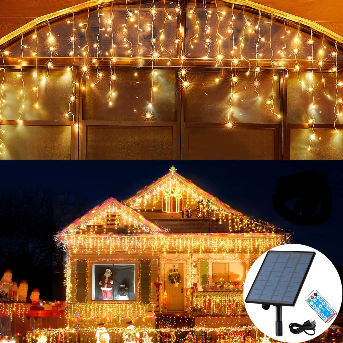 Solar Christmas Lights Outdoor Waterproof Christmas Decorations Curtain Lights 320LED 29.5ft 60 Drops, Solar Powered Rechargeable Fairy Lights for Party, Wedding, Home Decorations(WarmWhite)