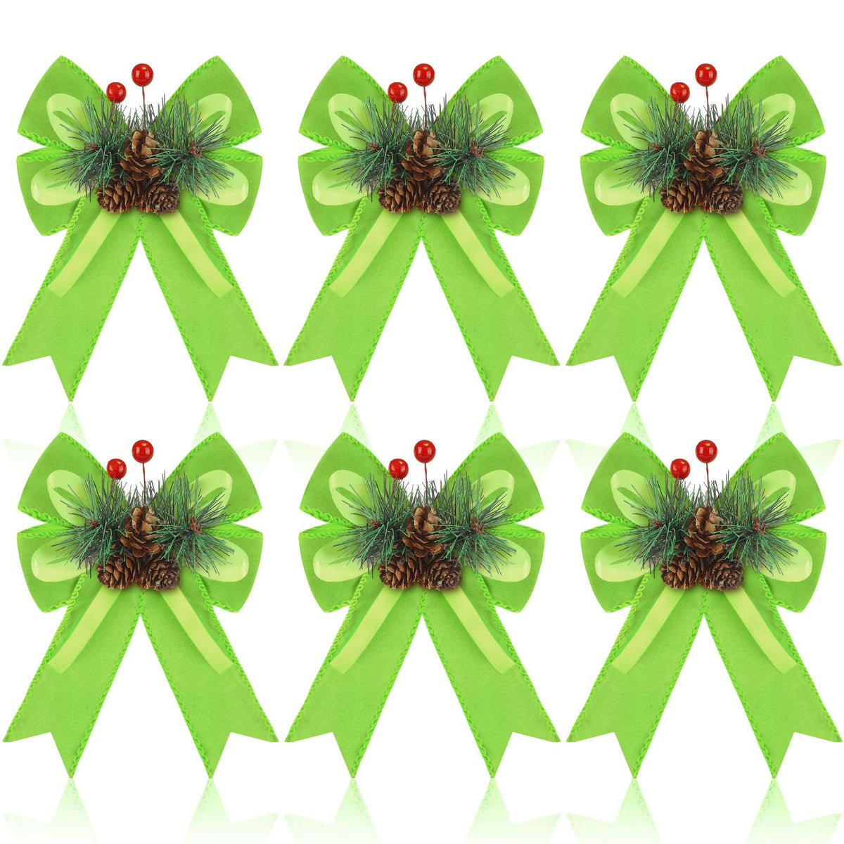 Syhood 6 Pcs Christmas Velvet Bow with Pine Cones Pine Needles Berries Xmas Lime Green Ribbon Bow Ornaments 6.3 x 5.1 Inch for Christmas Tree Wreath Garden Fireplace Crafts DIY Decor