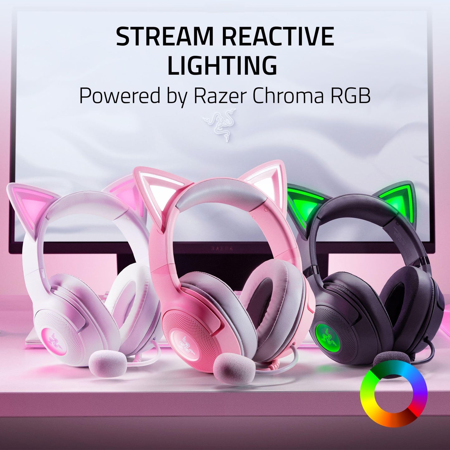 Razer Kraken Kitty V2 USB Wired Headset: Chroma RGB Kitty Ears - Stream Reactive Lighting - HyperClear Cardioid Mic - 40 mm Drivers - 7.1 Surround Sound - Comfortable Ear Cushions - Quartz Pink