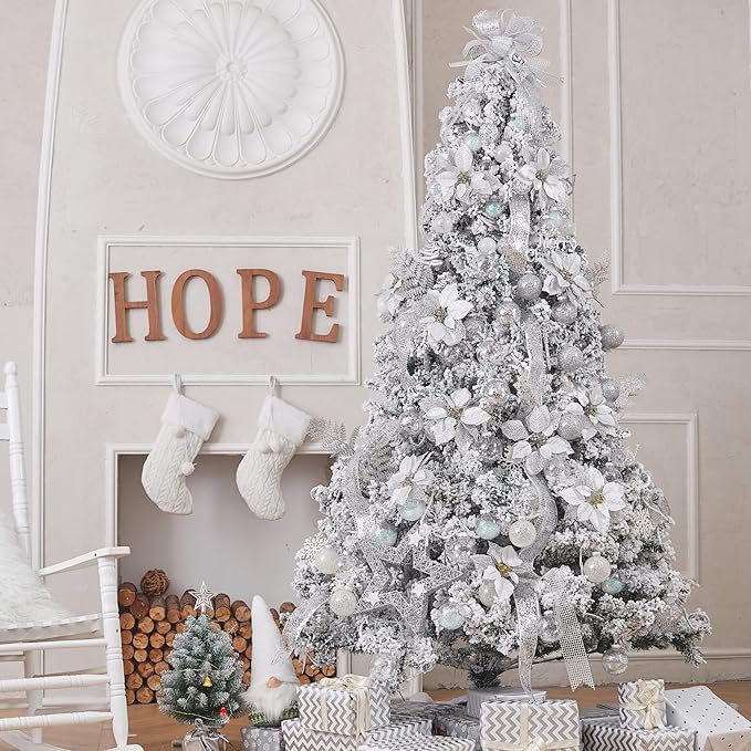 XmasExp 4ct Christmas Ball Ornaments Set -Large Clear Plastic Shatterproof Xmas Tree Ball Hanging Baubles Stuffed Delicate Glittering for Holiday Wedding Xmas Party Decoration (100mm/3.94",White)