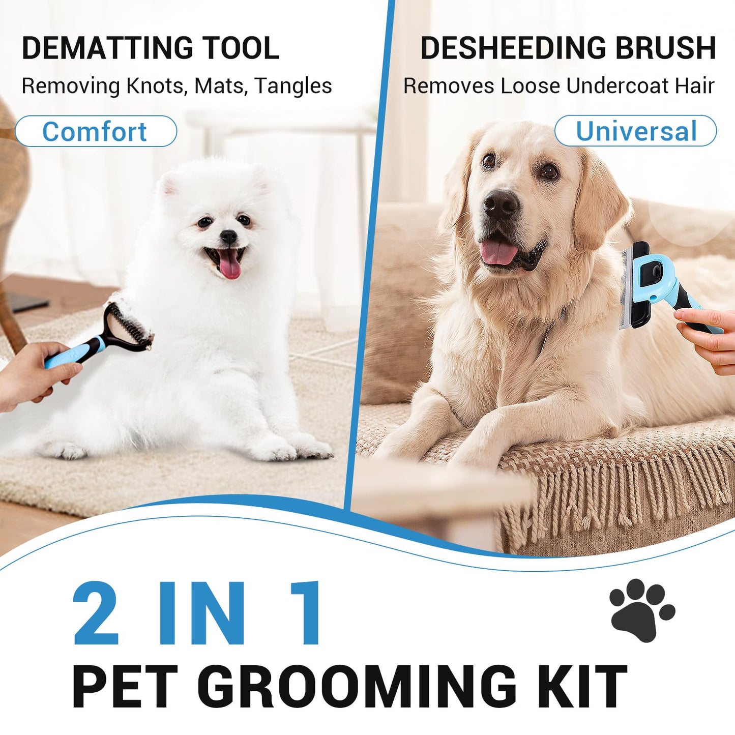 MIU COLOR Dog Brush Kit 2PCS, Deshedding Dog Brush & 2 Sided Undercoat Rake for Dogs & Cats, Long Medium Hair Deshedding Tool, Effective Dog Brush Set Removing Knots, Mats, Tangles, Extra Wide