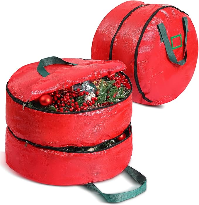 Double Layer Christmas Wreath Storage Container Bag Wreath Storage Pure Color Seasonal Garland Holiday Container Festive Box with Dual Zippers and Handles for Xmas(24 Inch,Red)