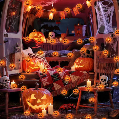 Halloween Pumpkin String Lights, 16 ft 50 LED Orange Battery Operated Lights for Lawns Garden Outdoor Holiday Party Decorations (1 Pack)
