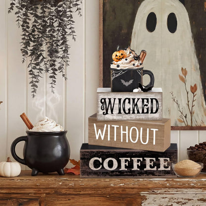 Lineshading 4 Pcs Halloween Coffee Table Decorations Wicked Wooden Stacked Sign Decor Rustic Halloween Tiered Tray Decor Decorative Pumpkin Ghost Hot Cocoa Centerpiece for Home Kitchen Coffee Bar