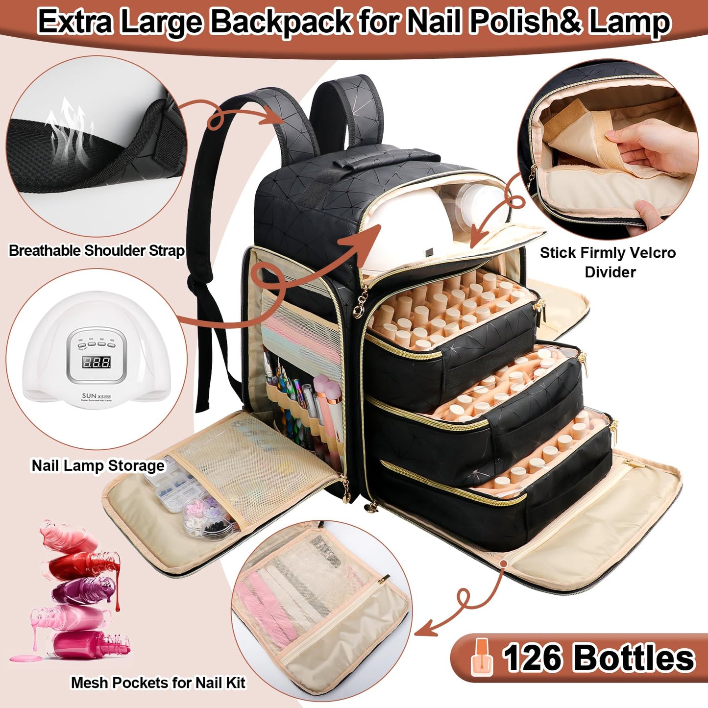 ahzske Nail Polish Organizer Backpack Holds 126 Bottles& Nail Lamp, Extra Large Nail Kit Supplies Organizer Bag with 3 Removable Cases, Portable Nail Organizers and Storage for Trave (Elegant Black)