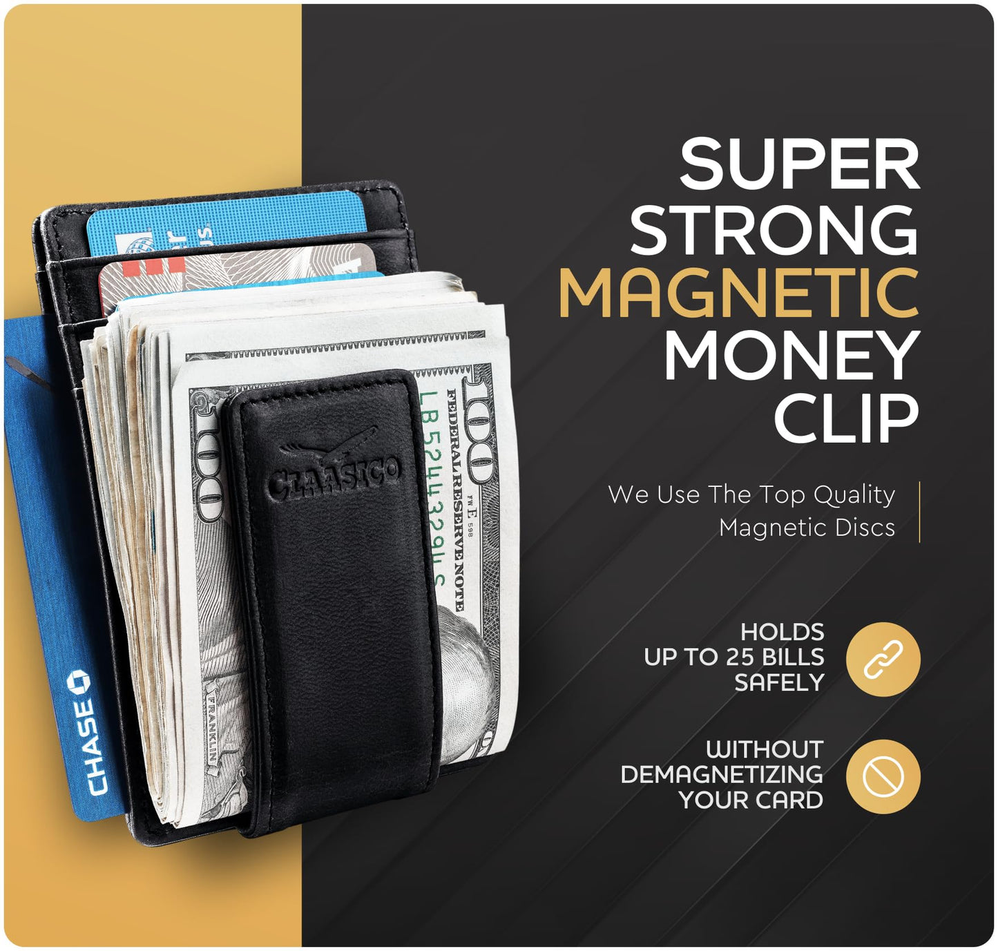 Claasico™ Money Clip Leather Wallet For Men Slim Front Pocket RFID Blocking with Super Strong Magnetic