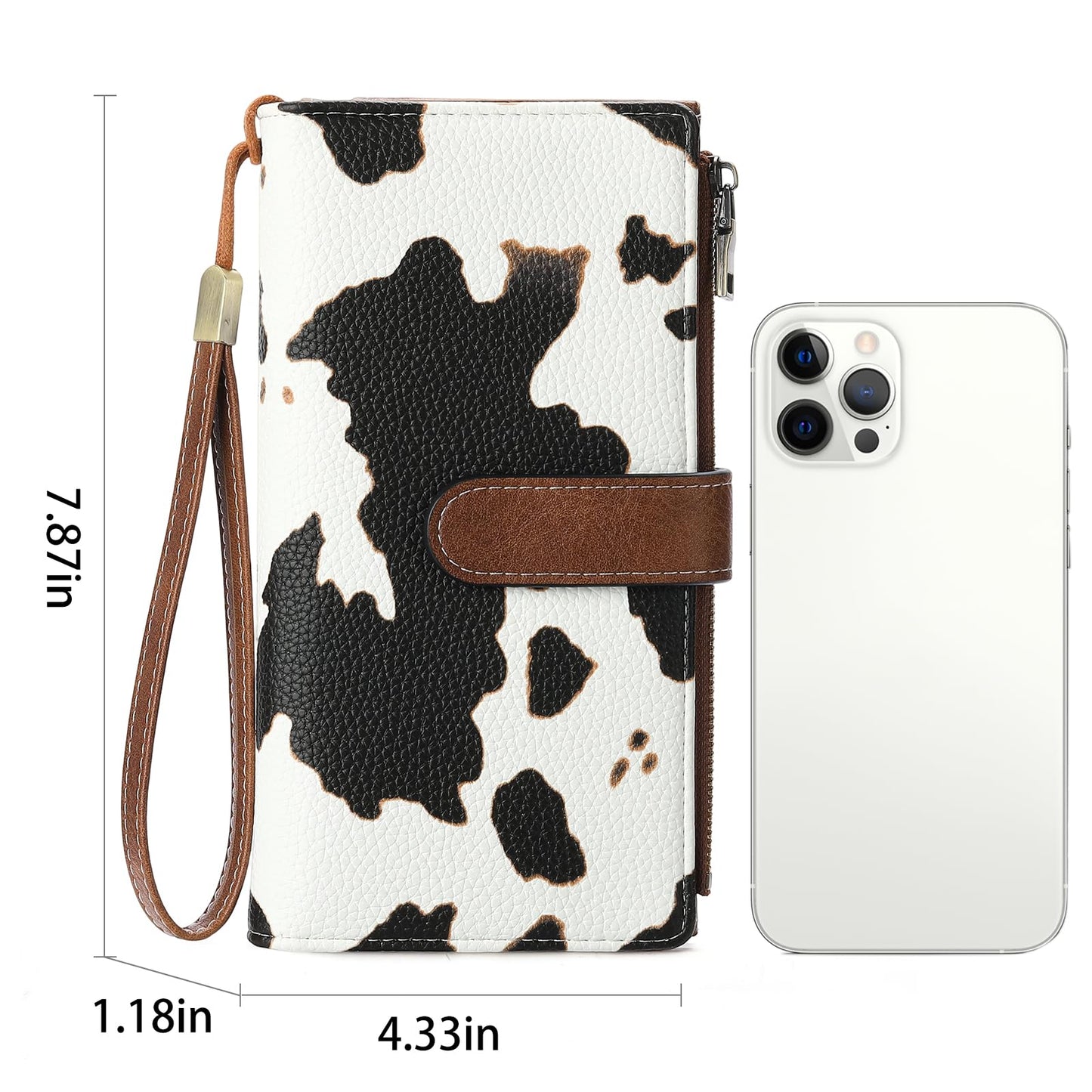 GOIACII Wallet for Women Large Wristlet Purse Trifold Clutch Cow Print