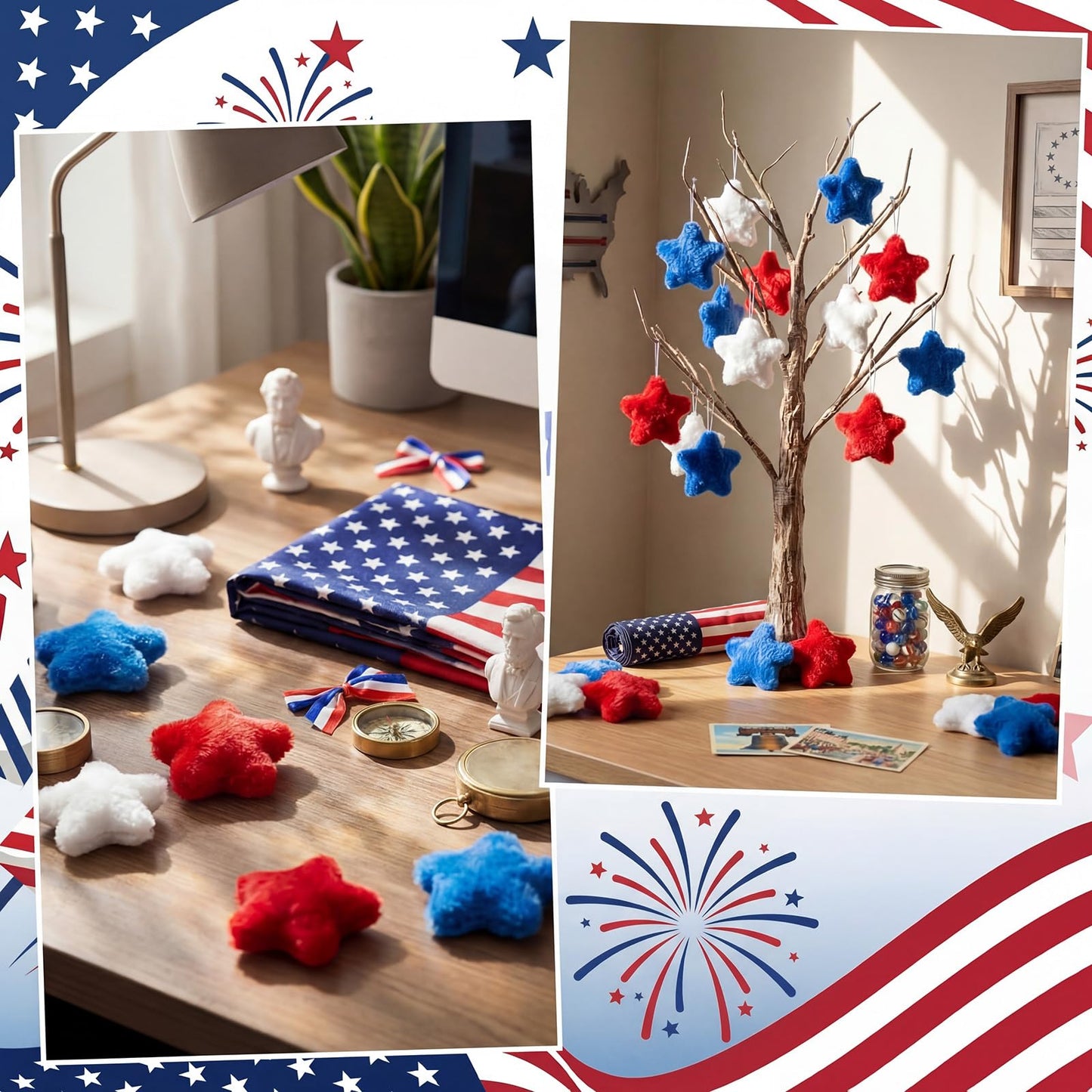Teyva Daily 120 Pcs 4th of July Patriotic Plush Star Decorations Red White Blue Star Vase Filler for Independence Day, Memorial Day, Bowl Filler Tiered Tray Wreath Craft Table Scatter(2.36 Inches)