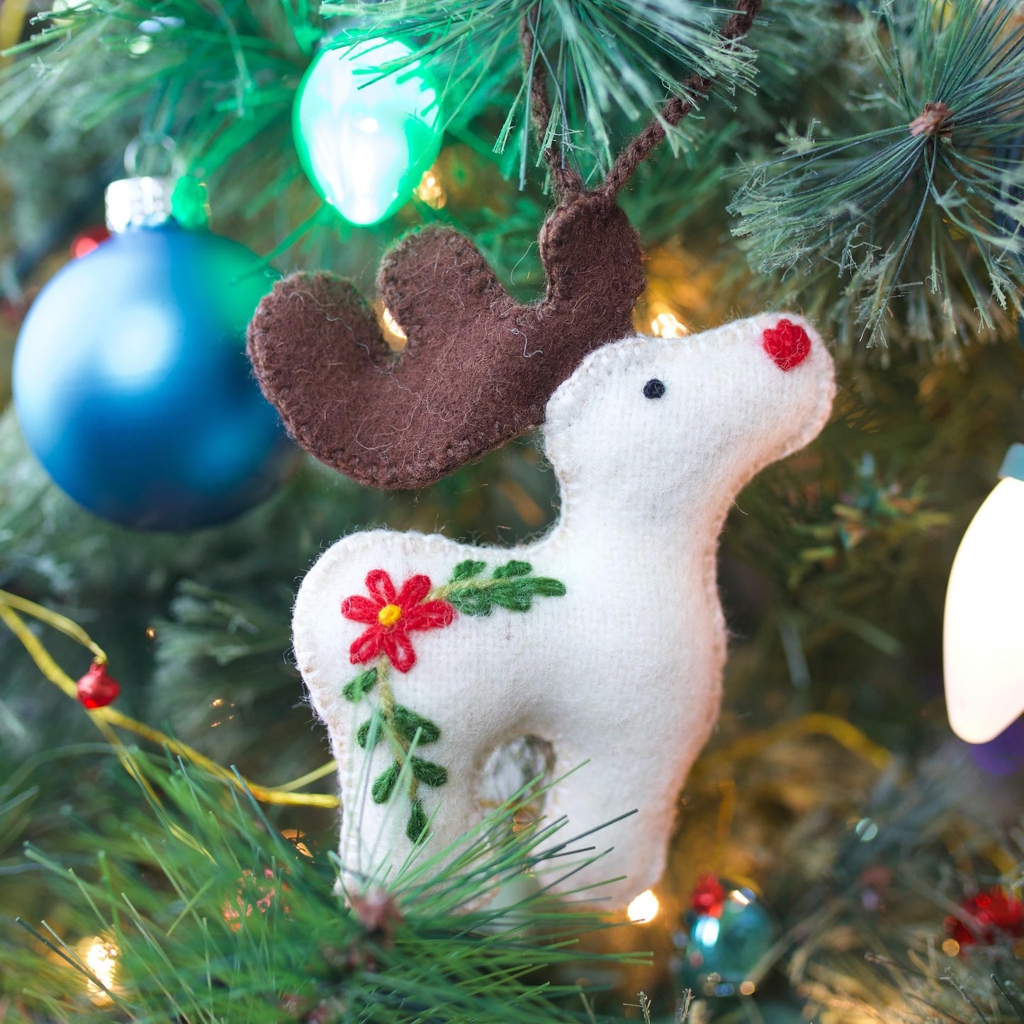 Reindeer Christmas Ornament Handmade Embroidered Felt