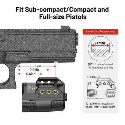 EZshoot Sub-Compact Pistol Laser Sight, Red Laser Sight for Pistol Handgun, Rechargeable Low Profile Laser Beam for 21MM Picatinny Rail Mount, Strobe Mode Available, Ambidextrous Switch