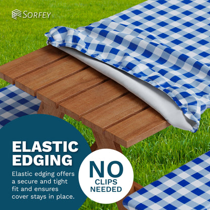 Sorfey Vinyl Umbrella Picnic Table and Bench Fitted Tablecloth Cover, Checkered Design, Flannel Backed Lining, 30x96 Inch, 3-Piece Set, Green
