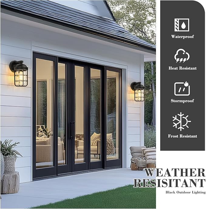 Emliviar 1-Light Porch Wall Lantern with Metal Cage, Outdoor Sconce Wall Mounted Lighting with Water Ripple Glass, Matte Black Finish, GE255BL BK-WG
