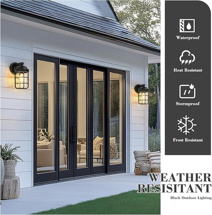 Emliviar 1-Light Porch Wall Lantern with Metal Cage, Outdoor Sconce Wall Mounted Lighting with Water Ripple Glass, Matte Black Finish, GE255BL BK-WG