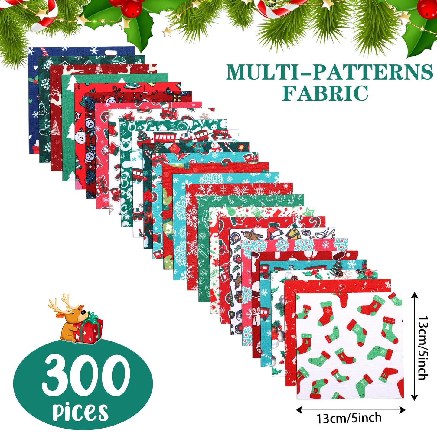 Preboun 300 Pcs 5 x 5 Inches Christmas Fabric Square Quilting Fabric Squares Bundle Sewing 25 Different Christmas Patterns Precut Polyester Patchwork for DIY Sewing Crafting Supplies