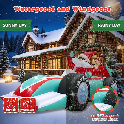 10FT Giant Christmas Inflatables Outdoor Decorations Xmas Racing Car Blow Up Yard Decorations with Built-in LED Lights for Garden Lawn Outdoor Yard Winter Holiday