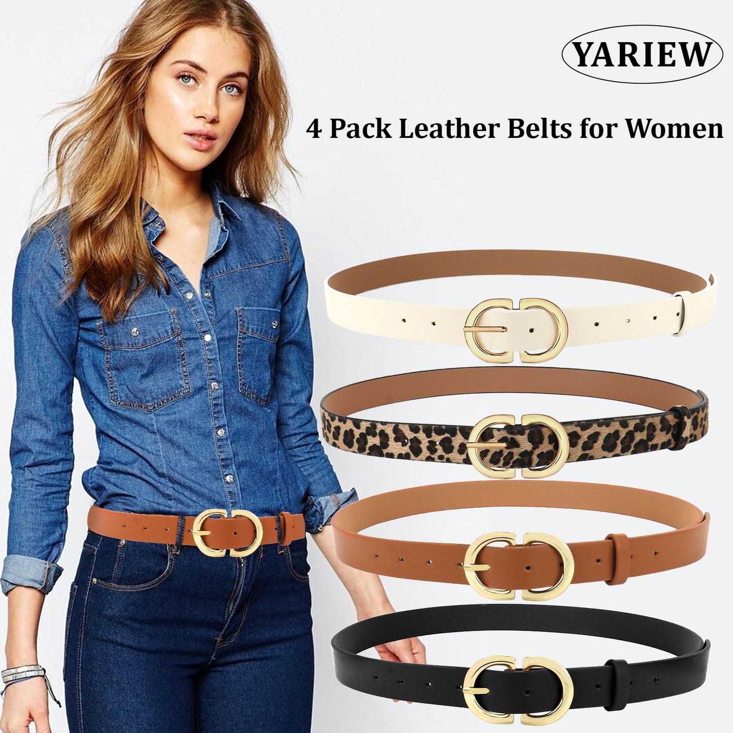 YARIEW 4 Pack Extra Large Leather Belts for Women Leopard Belts for Women Women's Belts for Jeans Pants Waist Belt Fashion Ladies Dress Belt with Gold Buckle
