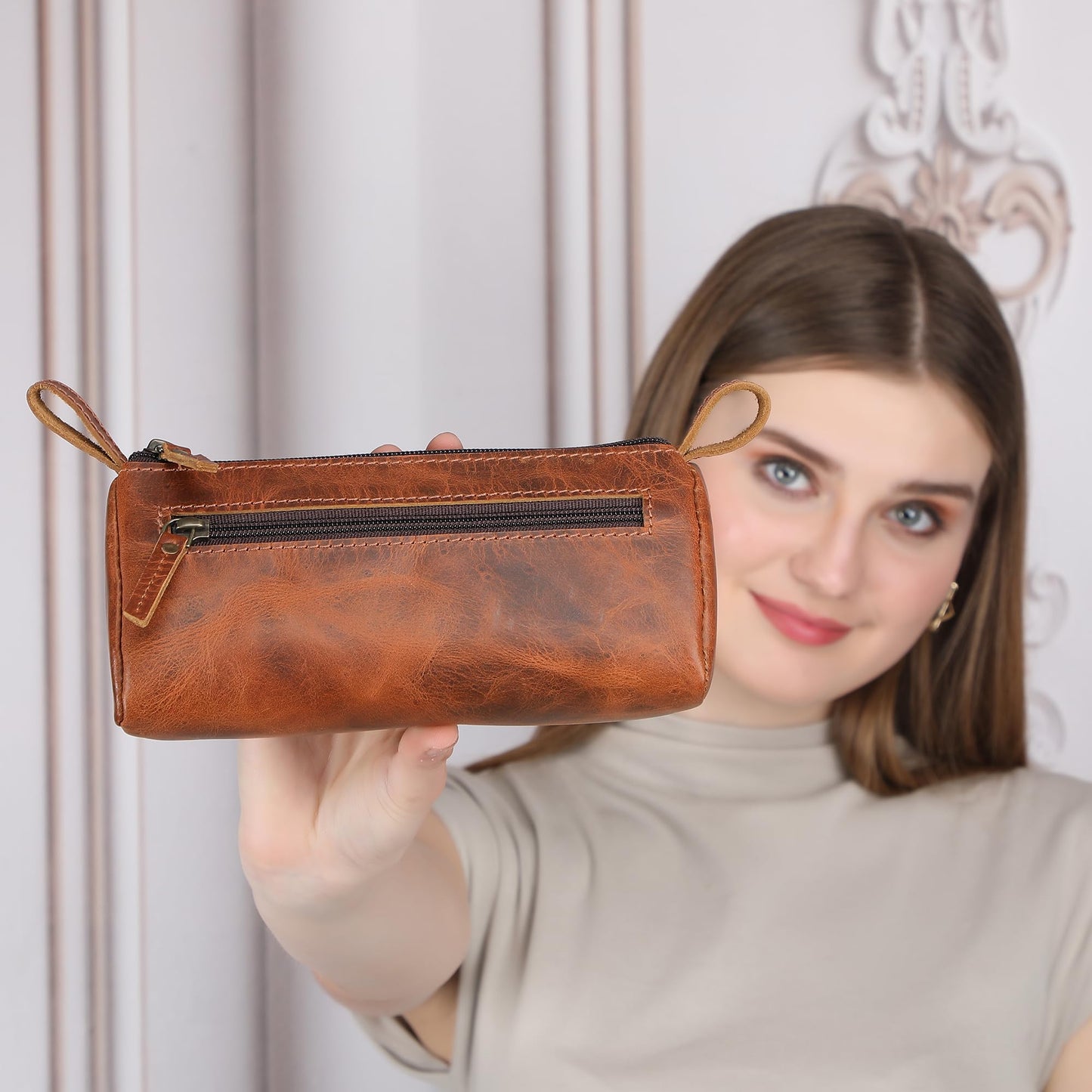 TheAntiq Leather Makeup Bag for Women – Genuine Leather Cosmetic Bag Travel, Handmade Zippered Makeup Pouch, Small Toiletry Bag, Shaving Kit & Stationery Organizer- Tan