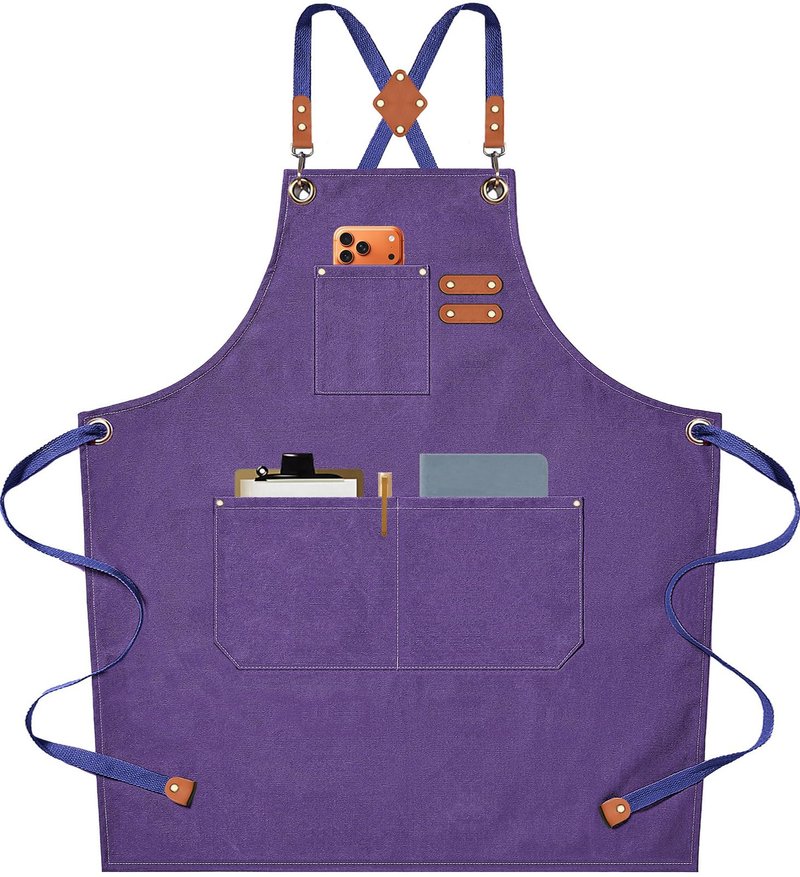 AFUN Chef Aprons for Men Women with Oversized Pockets, 16-Ounce Cotton Canvas Cross Back Heavy Duty Work Apron (Purple)