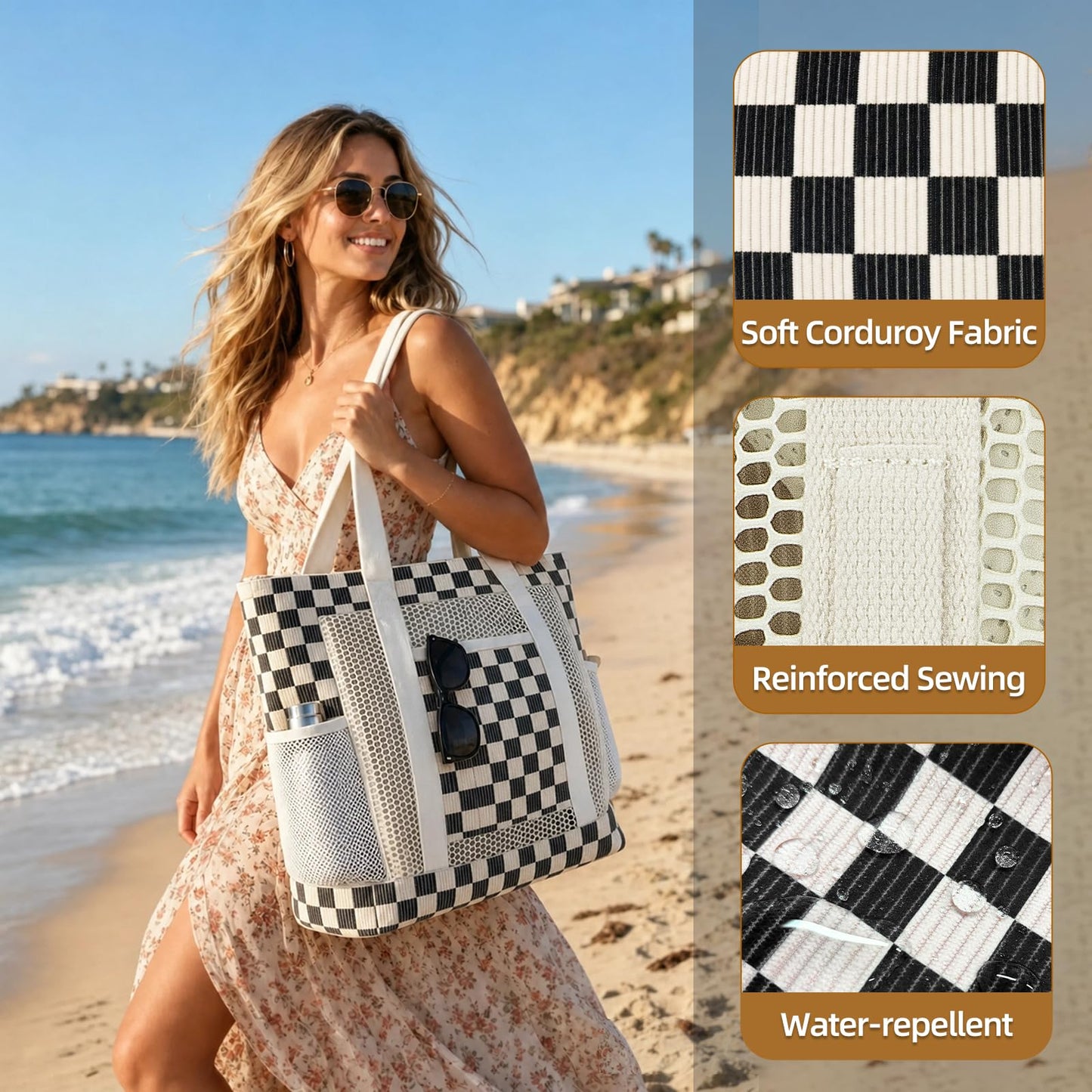 MIAOJIE Mesh Beach Tote Bags for Women Corduroy Tote Bag Sandproof Mesh Beach Bag With Zipper Pocket Pool Bag for Weekender Travel Cruise Swim -Black Plaid