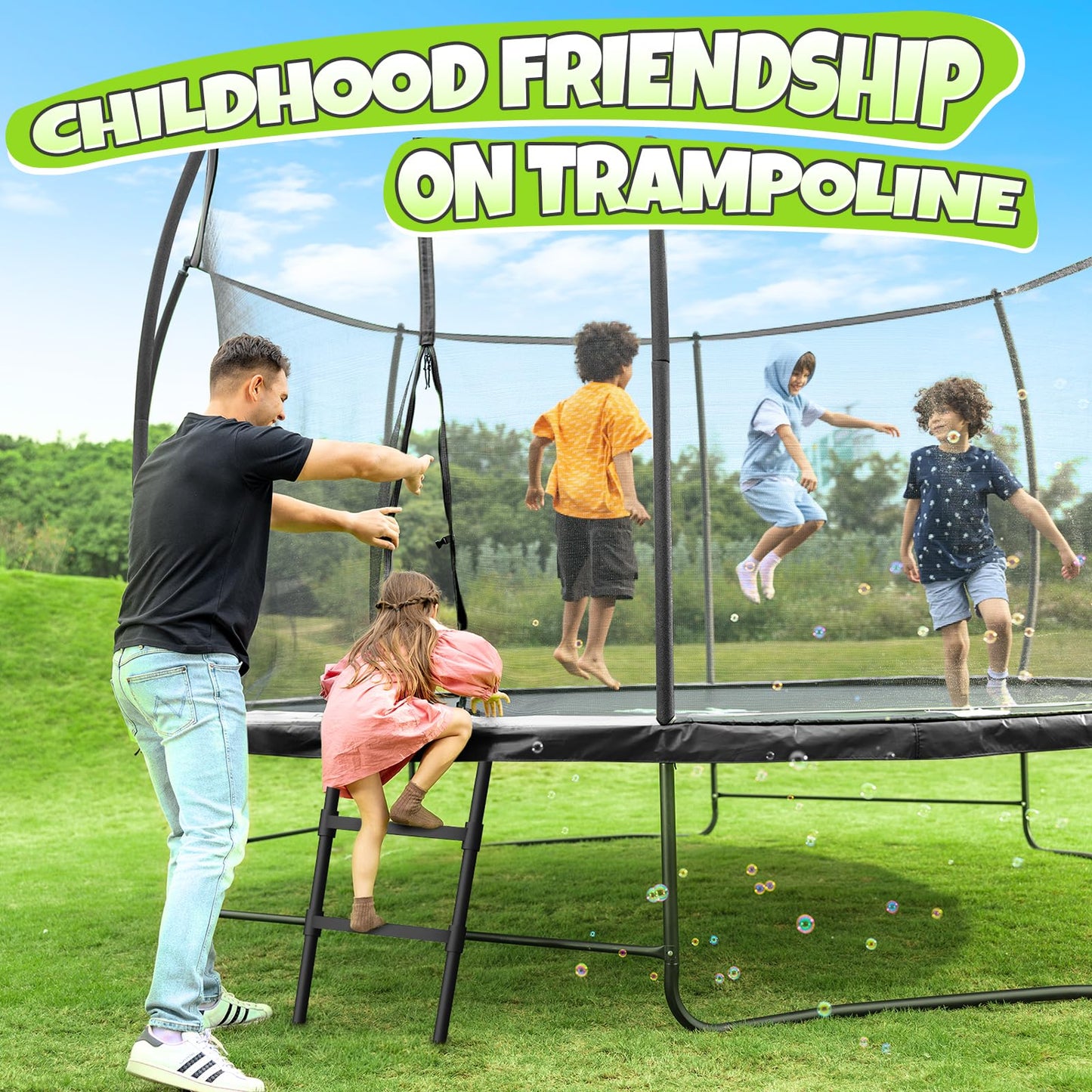 BCAN Trampoline 16FT Recreational Trampoline with Enclosure for Kids Adults, ASTM Approved, Outdoor Trampoline with Ladder for Kids bk