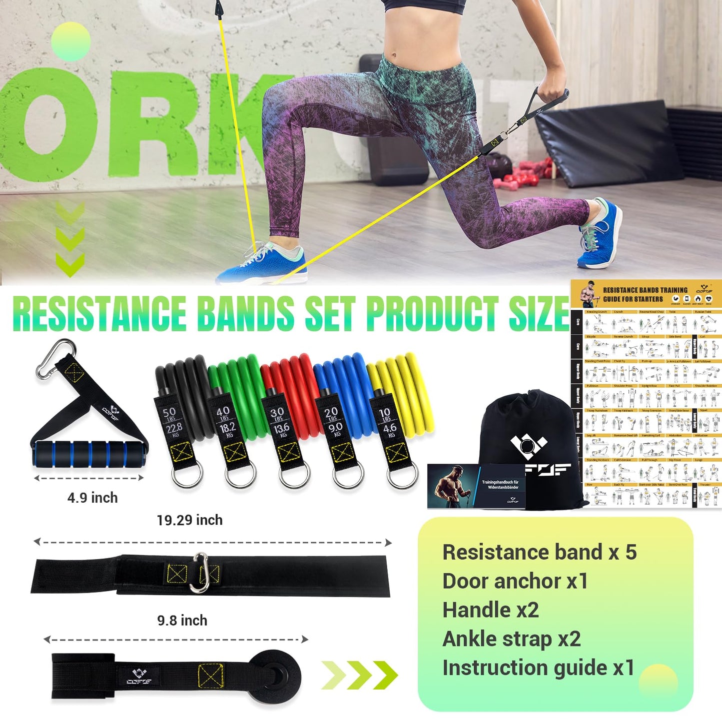 Resistance Bands Set with Yellow Handles, Exercise/Workout/Fitness Bands with Door Anchor, Legs Ankle Straps for Resistance Training，Physical Therapy，Home Gym Workout