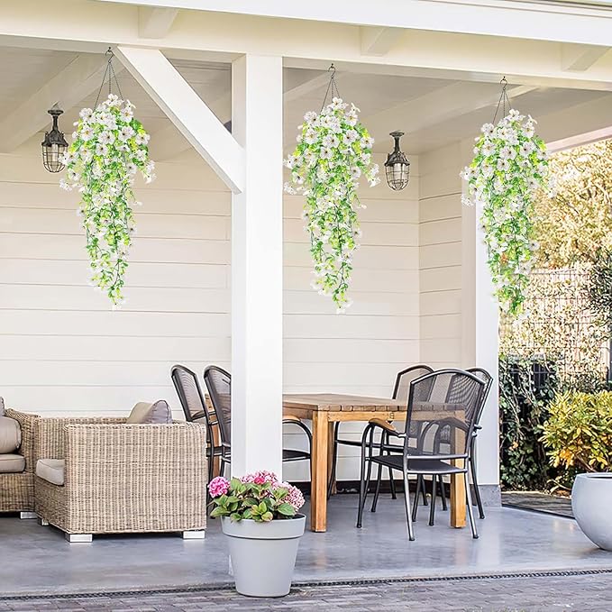Artificial Fake Hanging Flowers Plants for Outdoor Spring Summer Decoration, 4pcs Faux Silk Realistic UV Sun Resistant Daisy for Outside Porch Patio Window Box Yard Home Decor (White)