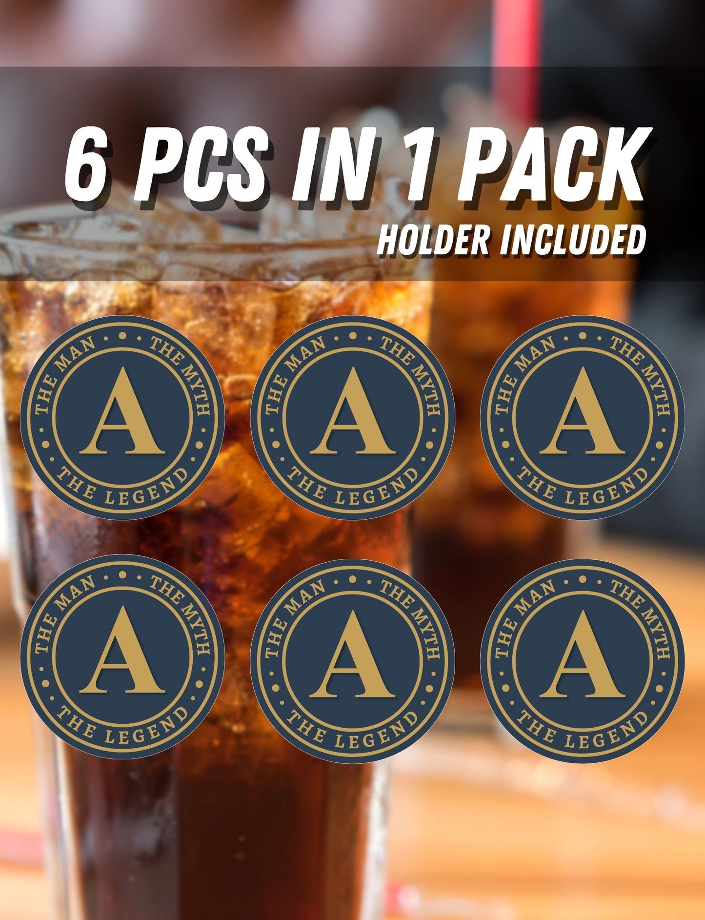 Onebttl Monogram Initial Gifts for Men - The Man The Myth The Legend Ceramic Coaster Set of 6 - with Holder and Absorbent Cork Base - B