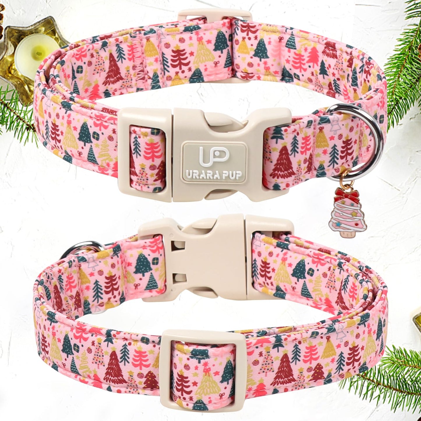 UP URARA PUP Christmas Dog Collar, Pink Christmas Tree for Dogs, Adjustable Pet Collar with Cute Xmas Tree Pendant, Festive Winter Dog Accessories for Small Medium Large Dogs M