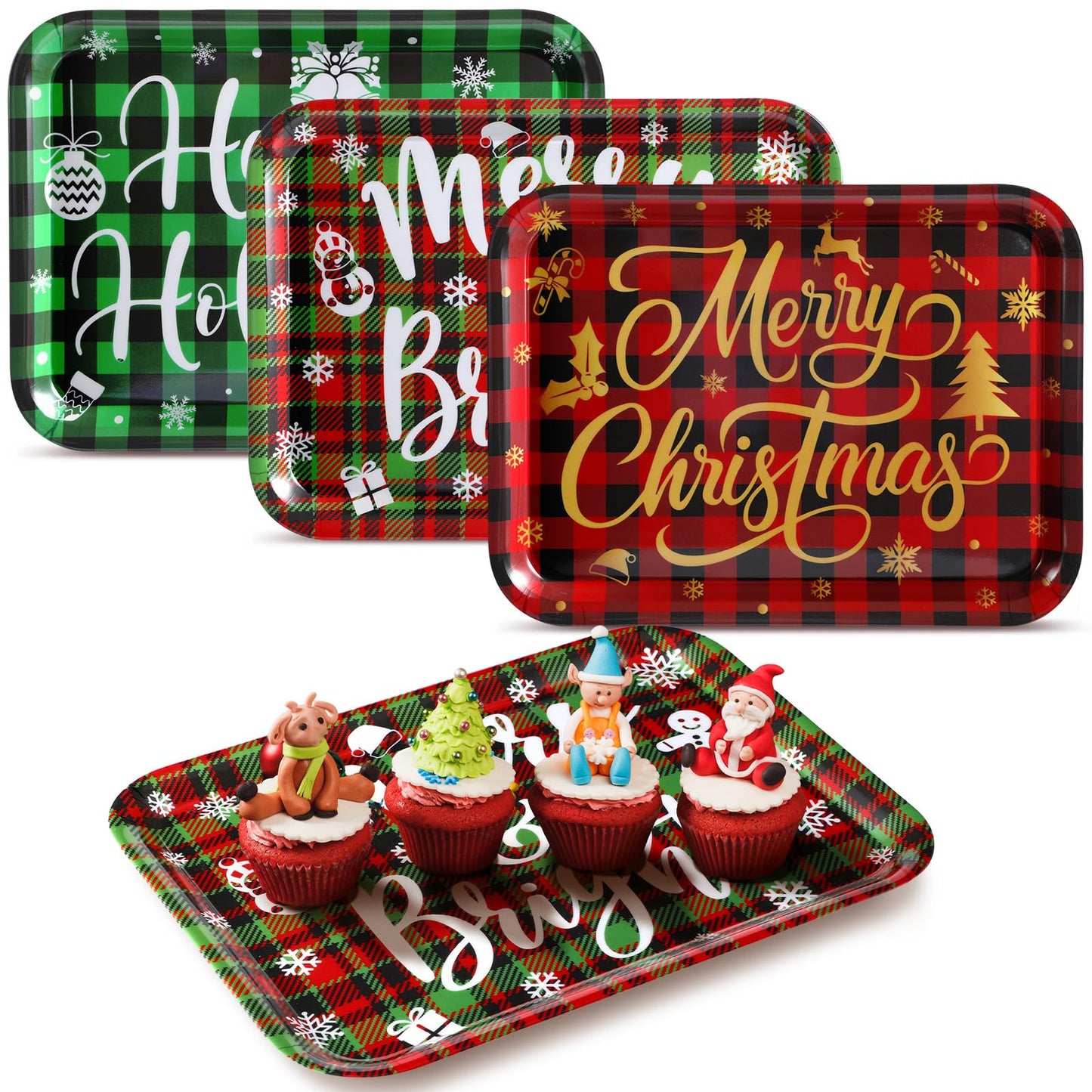 Rtteri 3 Pcs 13 x 10 Inch Christmas Serving Trays Red and Green Plaid Plastic Xmas Serving Platters Dishes Reusable Christmas Decorations for Holiday Party Sharing Snack Fruit Dessert Candy